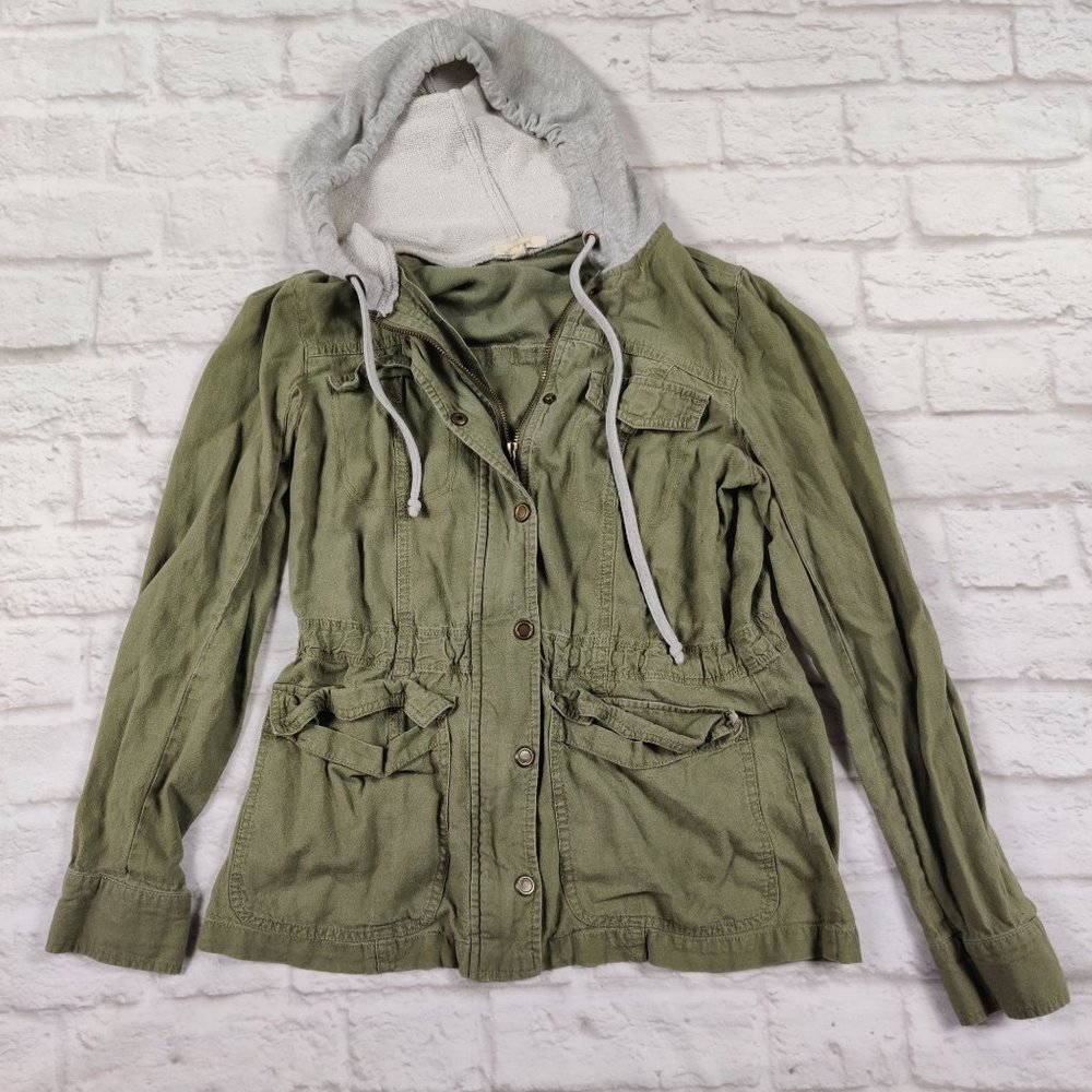 Maurices womens full zip snap hooded utility jacket gorpcore olive green sz XS